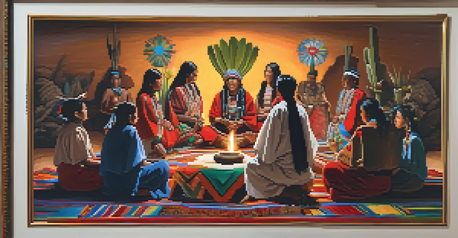 Indigenous people participating in a spiritual ceremony with peyote and traditional music.