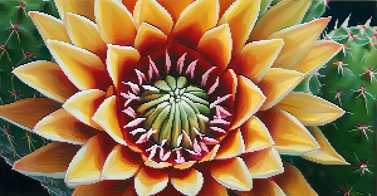 Close-up view of a Peyote cactus with vibrant flowers and textured skin, set against a blurred green background.