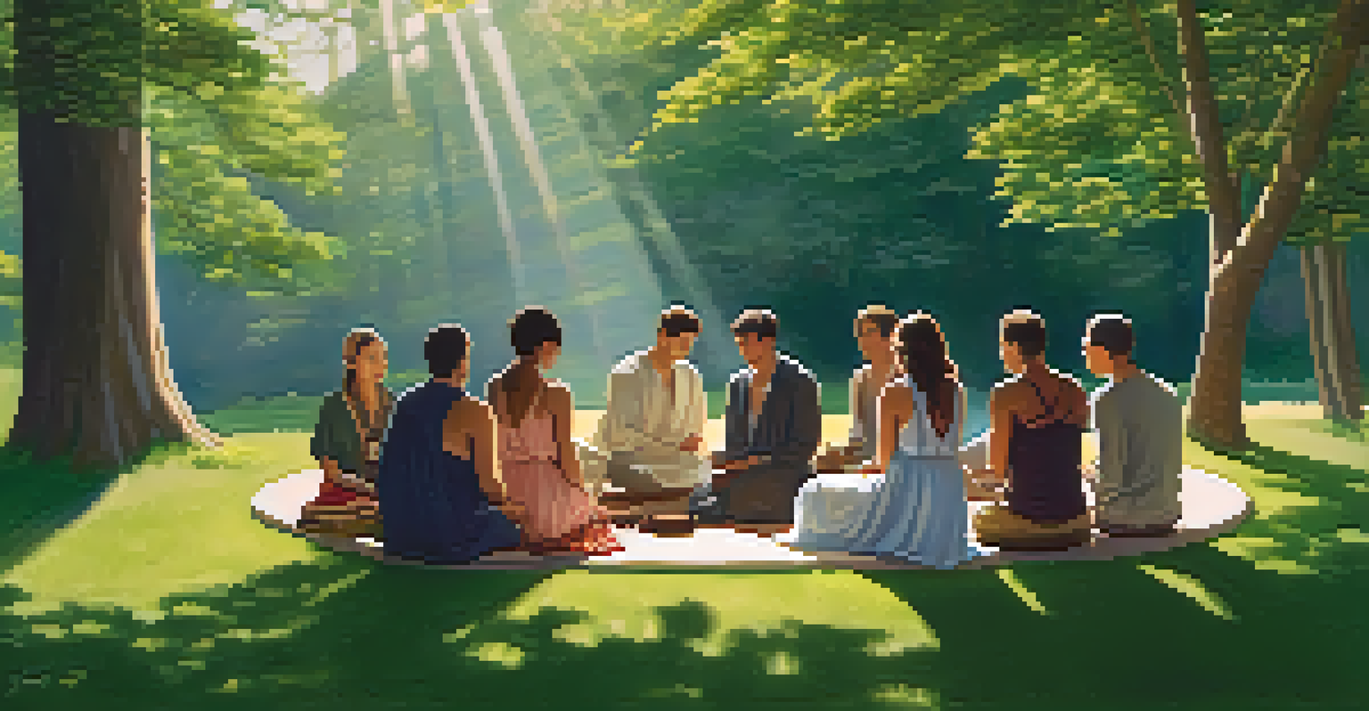 A group of individuals sitting in a circle for a healing ceremony, surrounded by nature and soft sunlight.