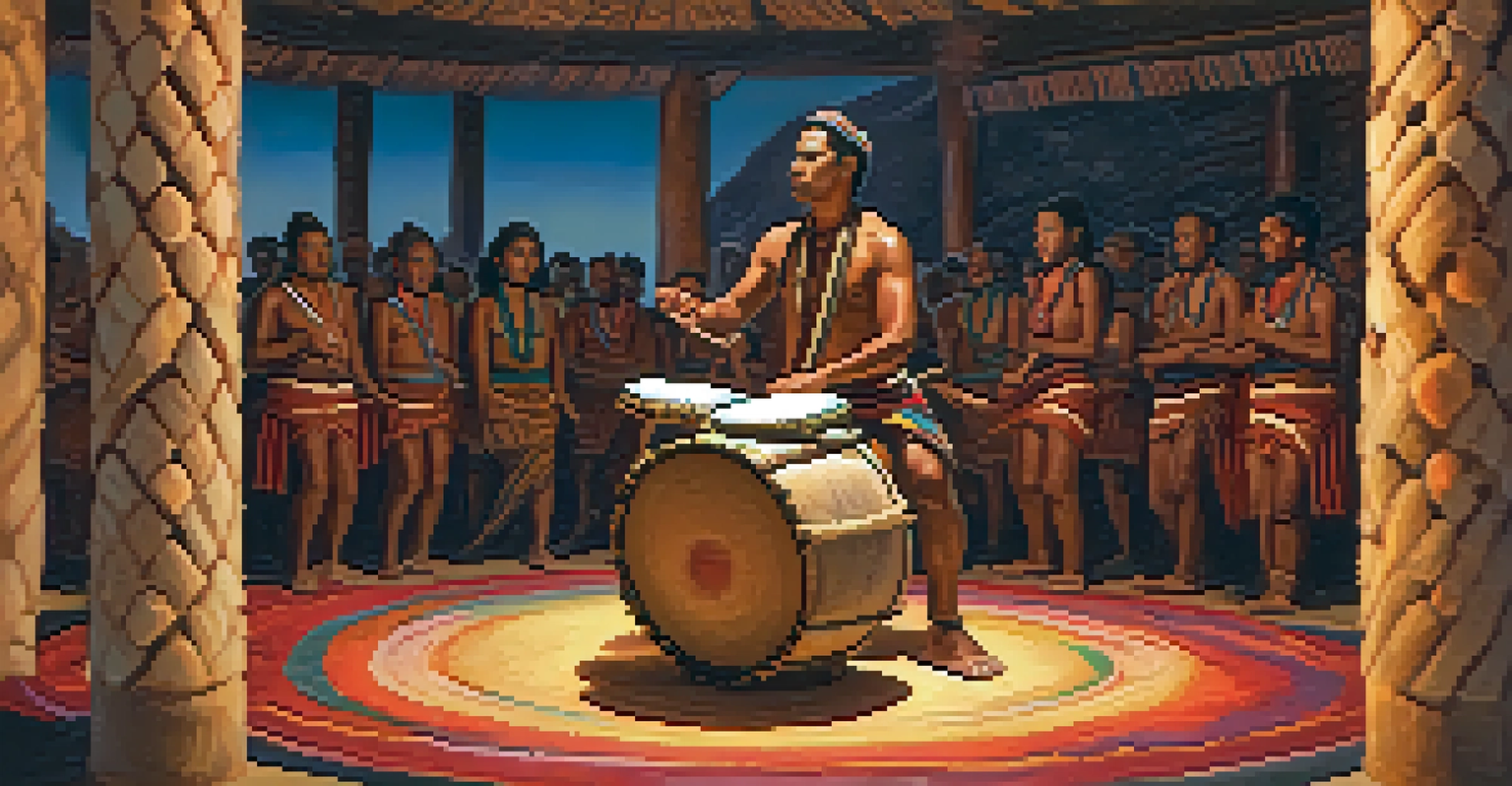 A drummer actively playing during a Peyote ceremony, with participants singing and dancing in the background, illuminated by firelight.