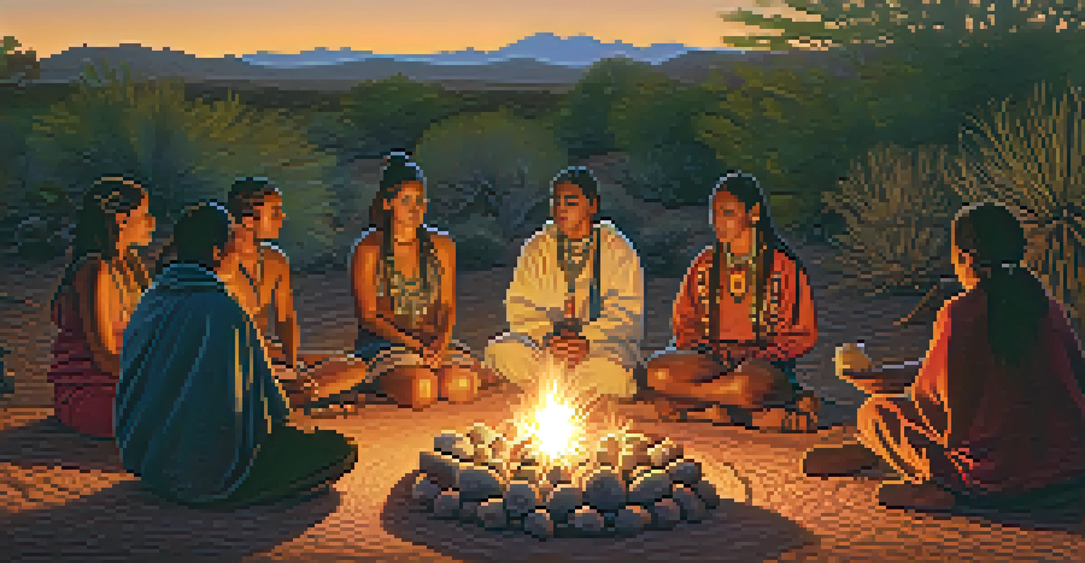 Indigenous people gathered around a fire in a ceremonial setting at dusk, engaged in prayers and songs, with peyote cacti nearby.