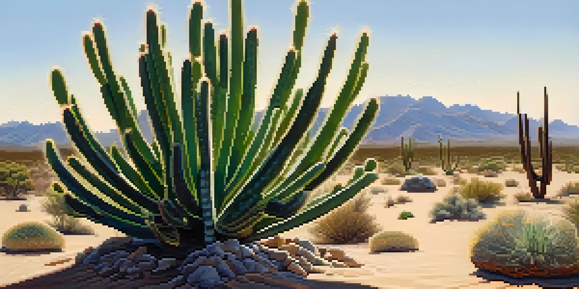 Close-up of a peyote cactus in the desert, showcasing its texture and colors against a warm sunlight backdrop.