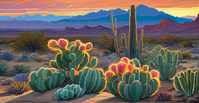 A peyote cactus in a colorful desert landscape at sunset, with warm orange and purple skies and distant mountains.