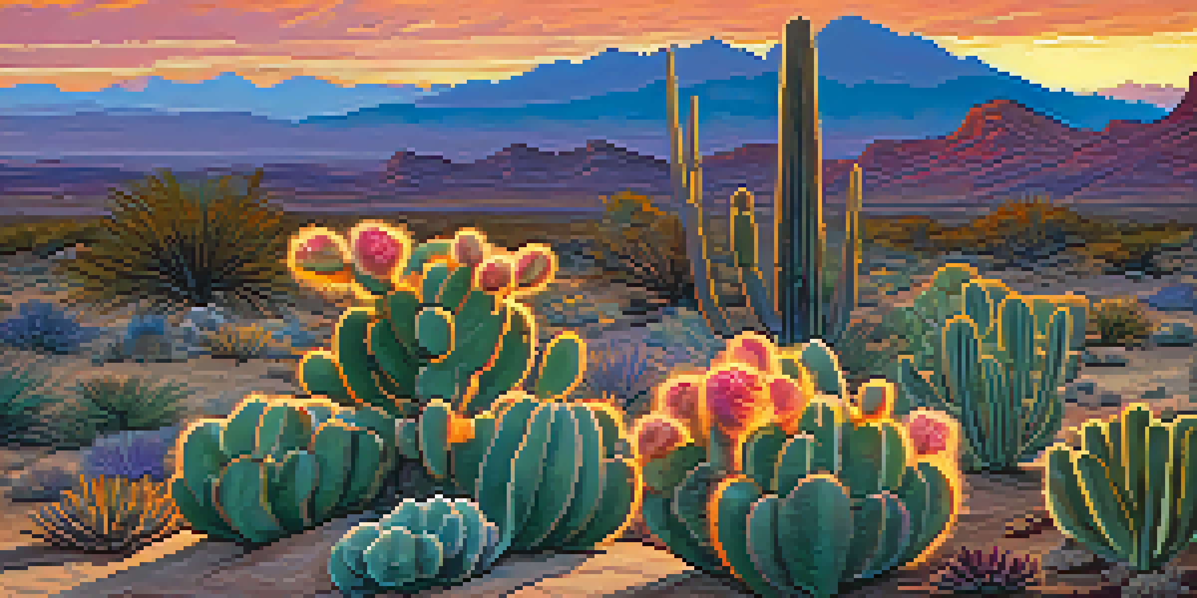 A peyote cactus in a colorful desert landscape at sunset, with warm orange and purple skies and distant mountains.