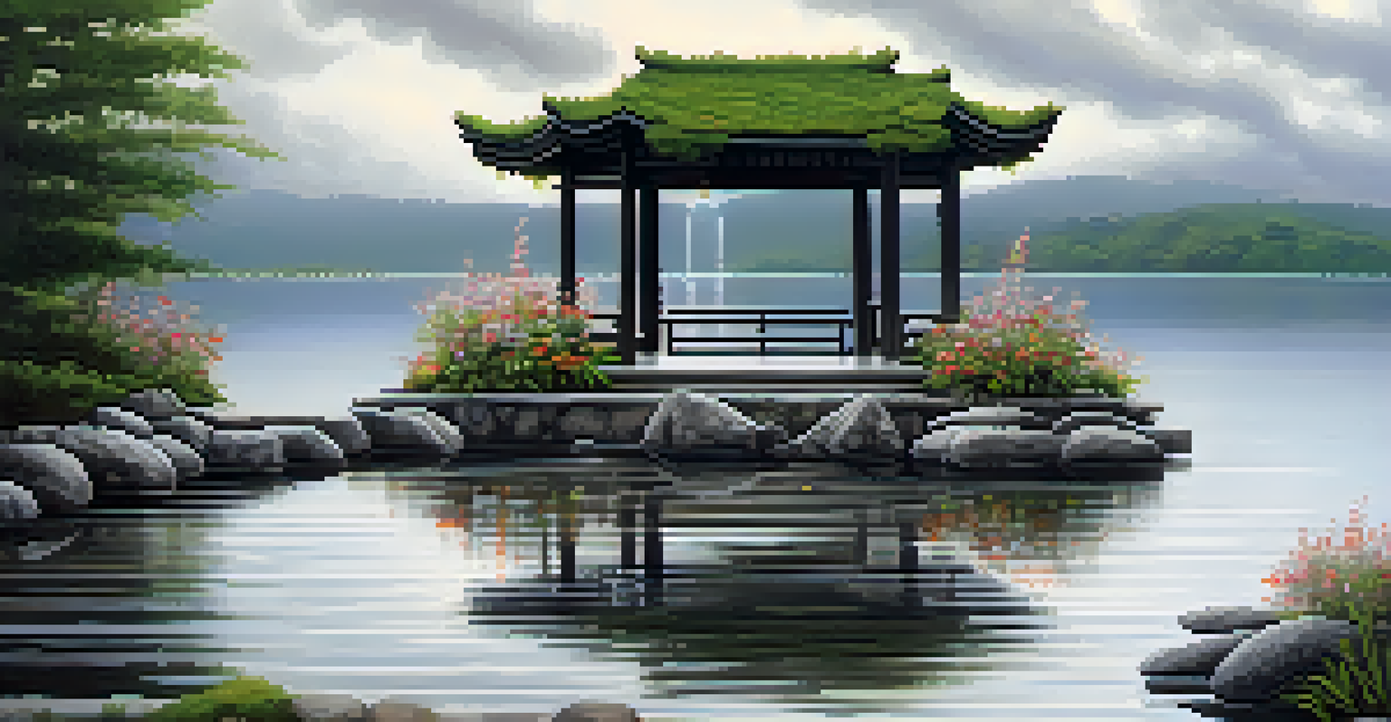 A calm lakeside scene during rain with a small altar made of stones and flowers, surrounded by lush greenery.