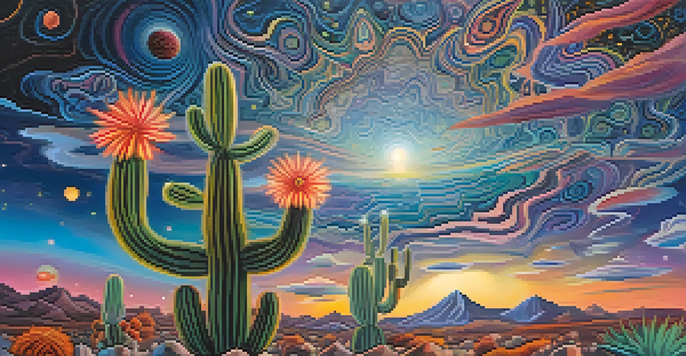 A surreal landscape with a peyote cactus surrounded by colorful patterns and a starry night sky.