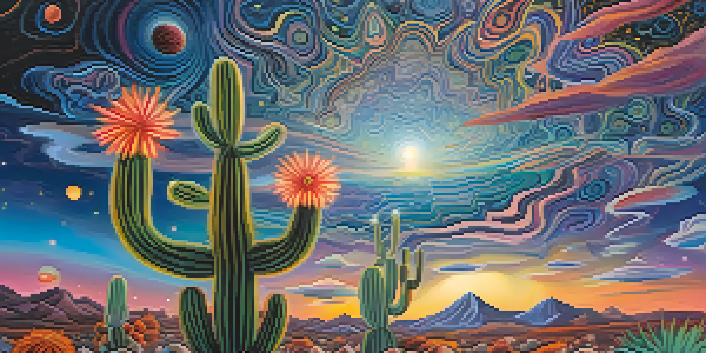 A surreal landscape with a peyote cactus surrounded by colorful patterns and a starry night sky.