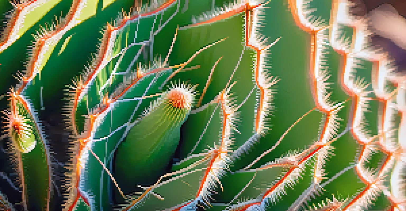 A close-up of a peyote cactus displaying its detailed spines and vibrant green color in a soft desert background.