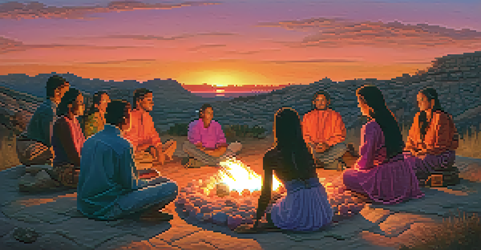 A diverse group of individuals in a peyote ceremony at sunset, gathered around a fire pit with a colorful sky and illuminated faces.