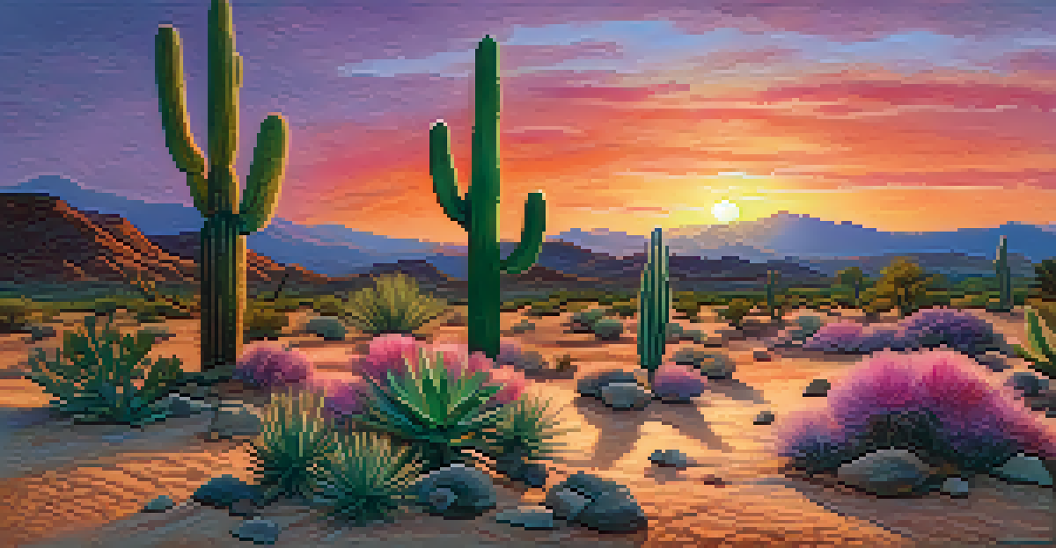 A desert landscape at sunset with a Peyote cactus in the foreground, featuring a colorful sky.