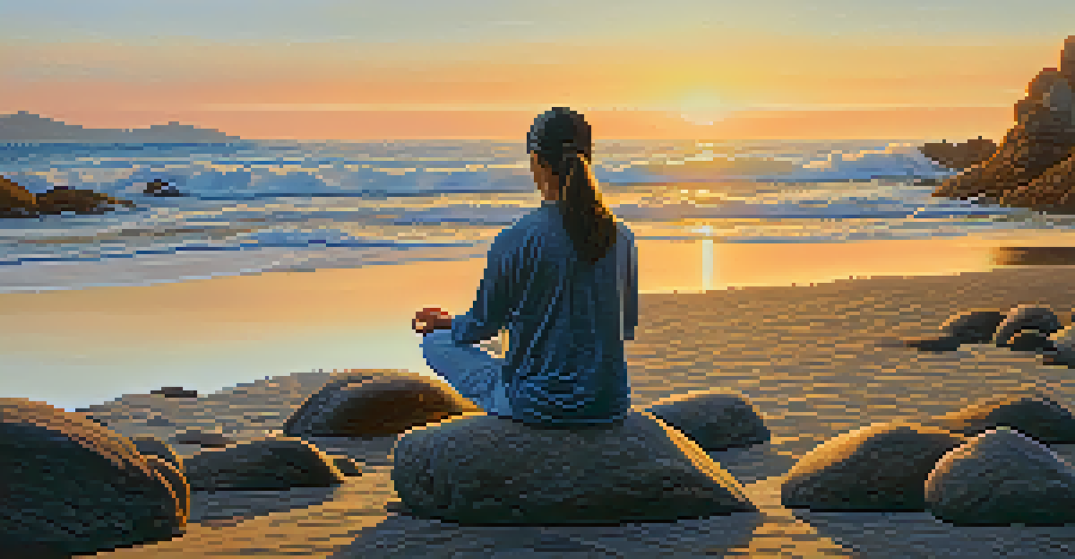 A person meditating on a rocky beach at sunset, surrounded by soft waves and warm sunlight.