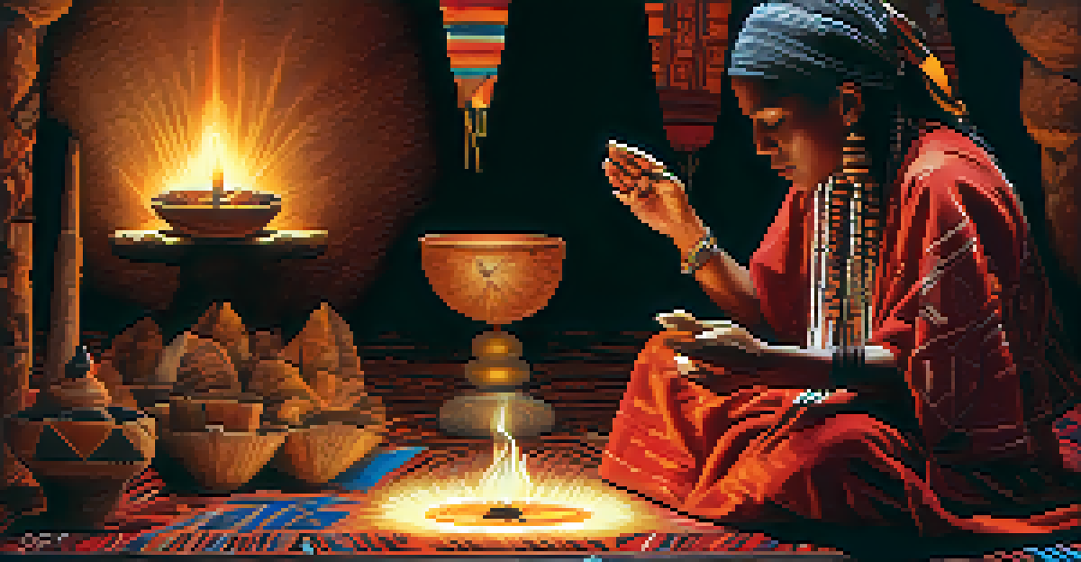 An Indigenous individual in traditional clothing participating in a Peyote ceremony, with candlelight creating a warm atmosphere.