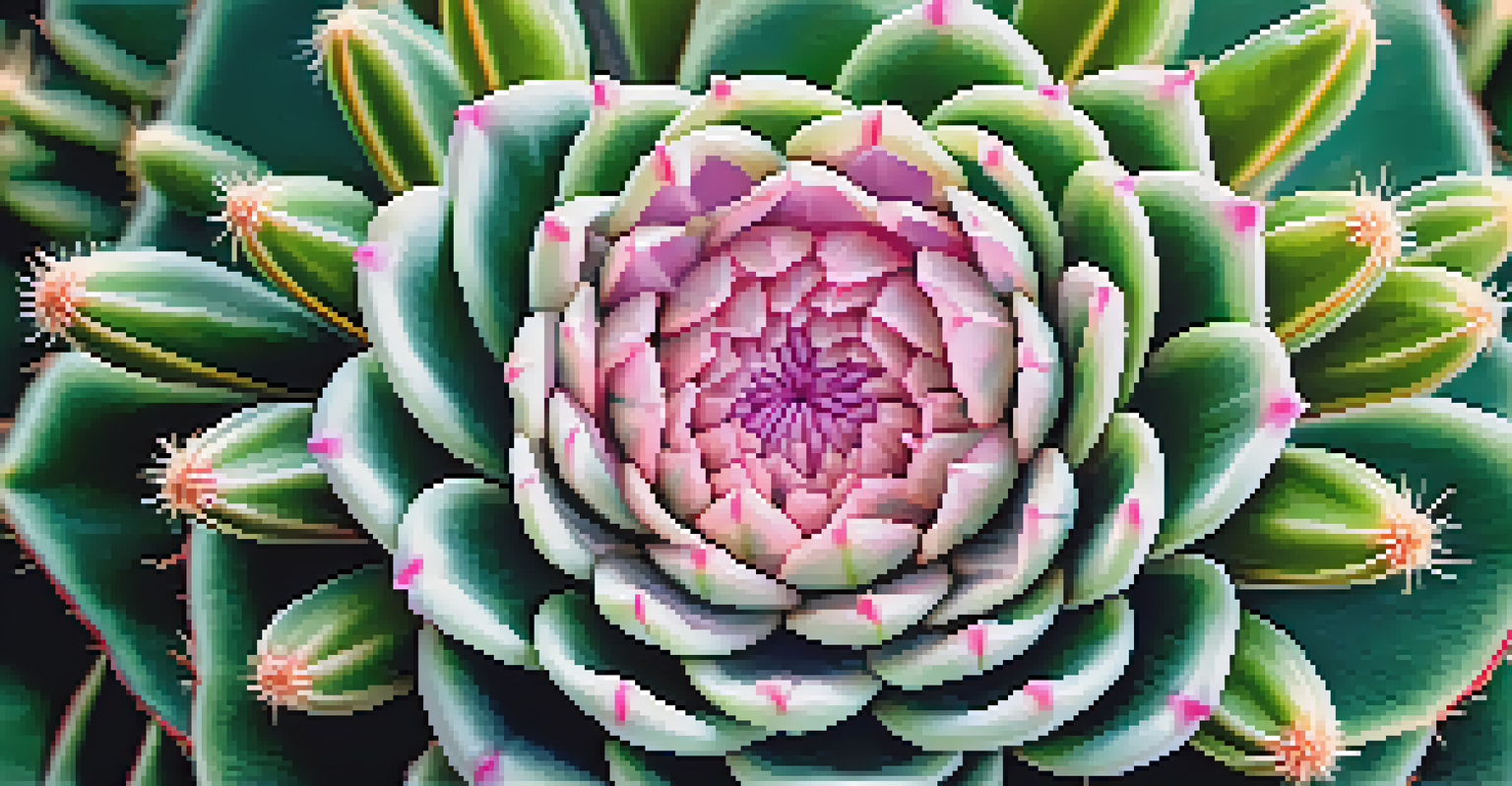 A close-up view of a peyote cactus showing its detailed texture and pink flowers.