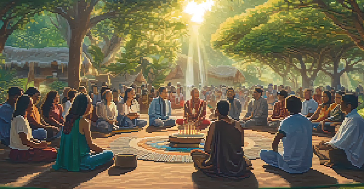 A diverse community gathered for a peyote ceremony in a lush outdoor setting, participating in prayer and song.