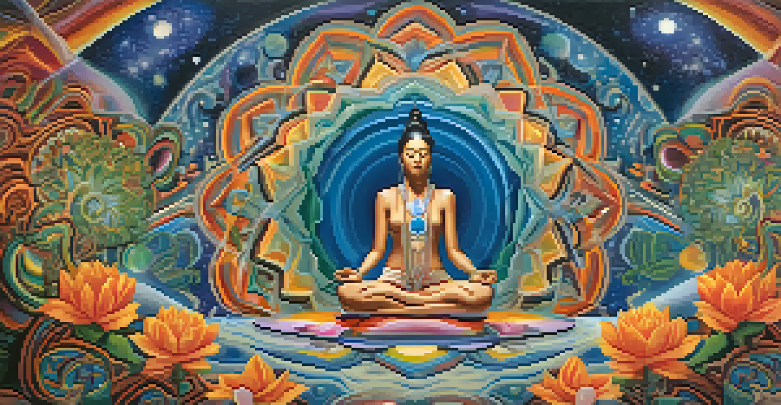 An abstract representation of meditation and peyote, with swirling colors around a meditating figure.