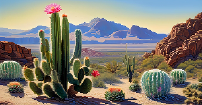 A blooming peyote cactus in a bright desert landscape with a clear blue sky and warm sunlight.