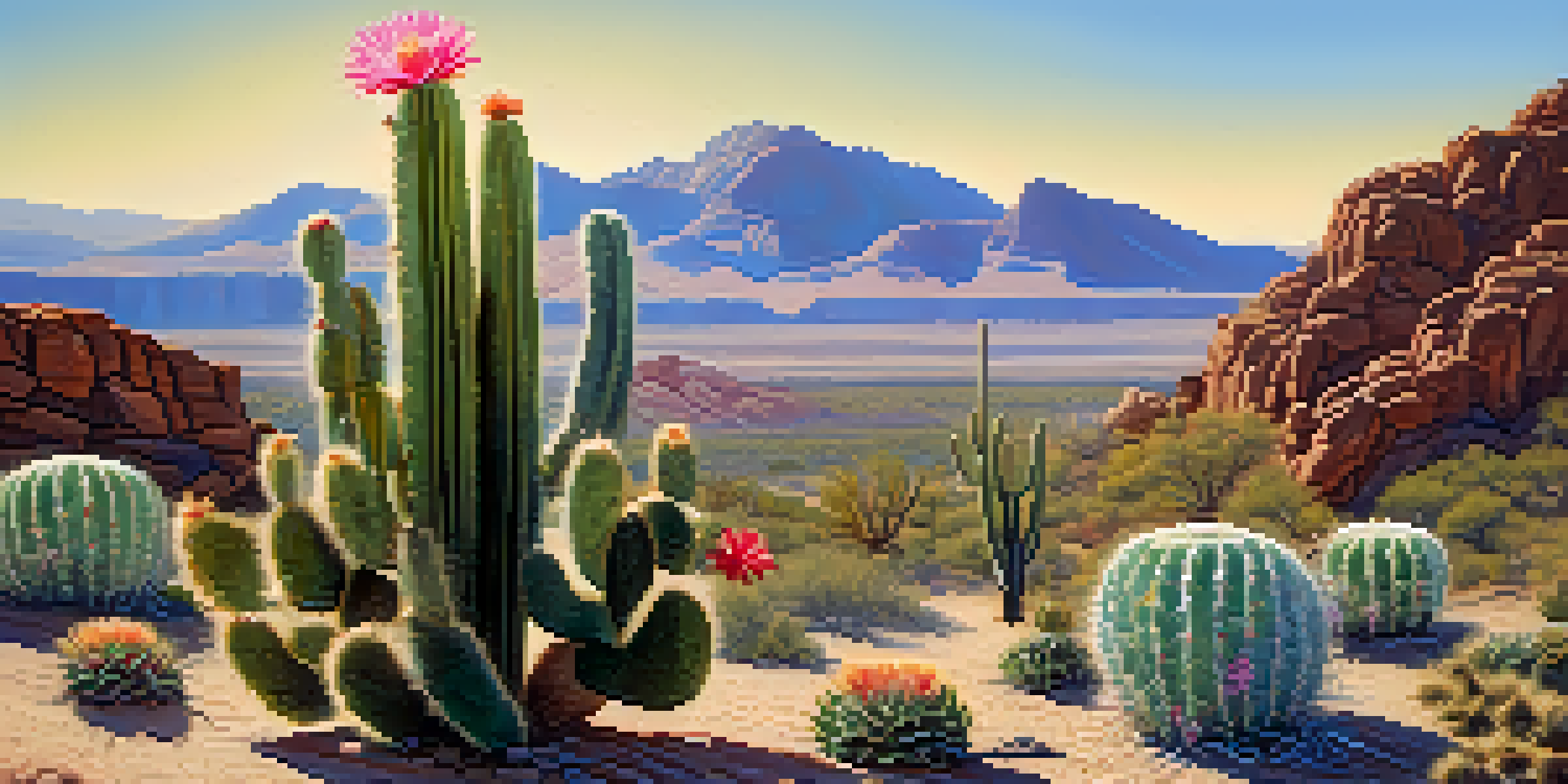 A blooming peyote cactus in a bright desert landscape with a clear blue sky and warm sunlight.