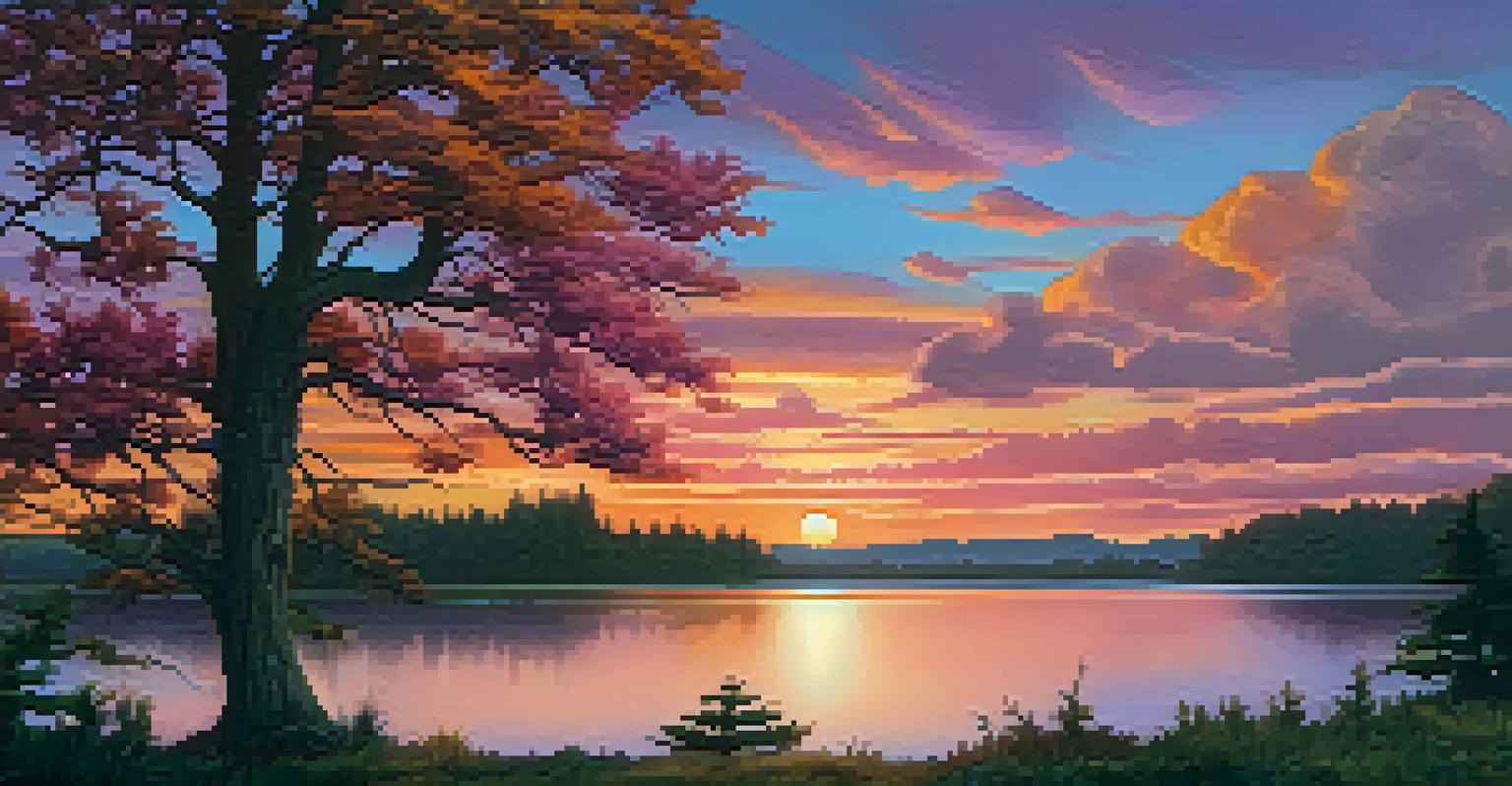 Ethereal landscape at sunset with swirling clouds and a tranquil lake reflecting vibrant colors, surrounded by silhouettes of trees.