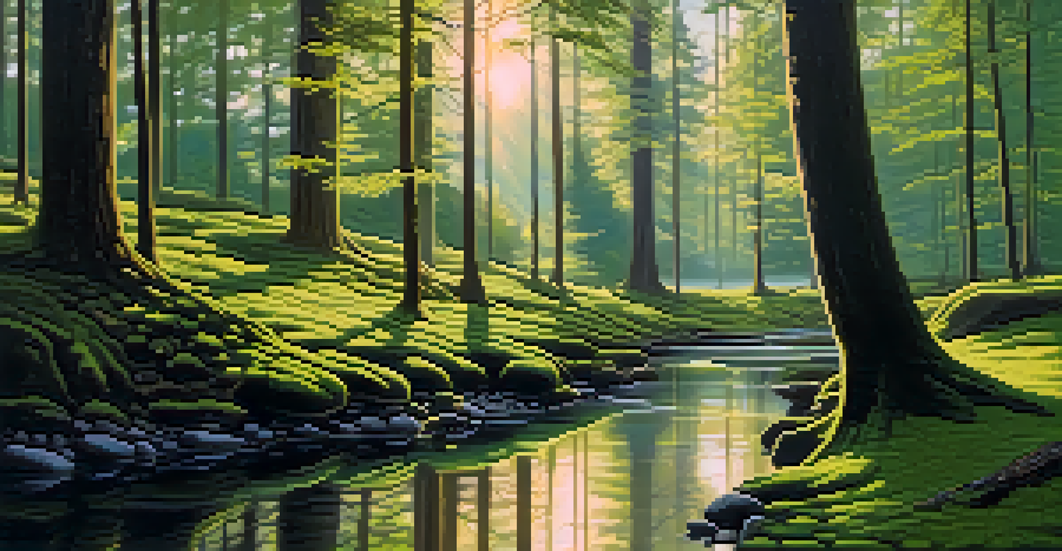 A tranquil forest with sunlight streaming through trees, a small stream in the foreground, and a calming morning ambiance.