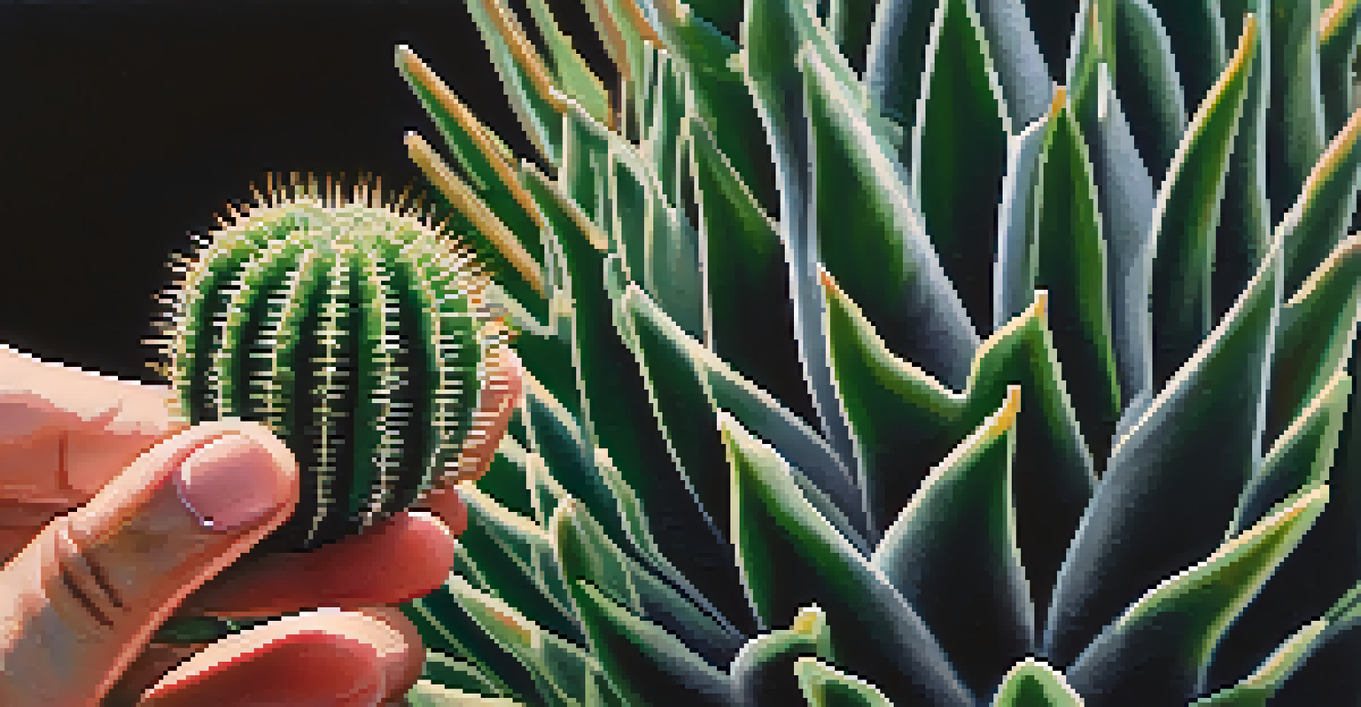 A close-up of a hand holding a Peyote cactus, highlighting its texture and details against a blurred background.