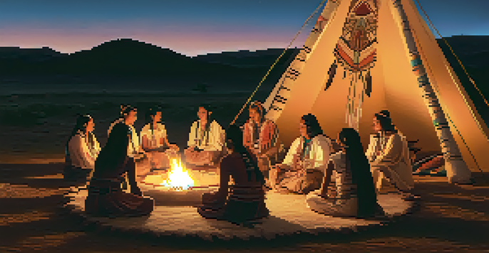 A group of individuals participating in a peyote ceremony inside a decorated teepee, illuminated by the firelight, with a warm and inviting atmosphere.