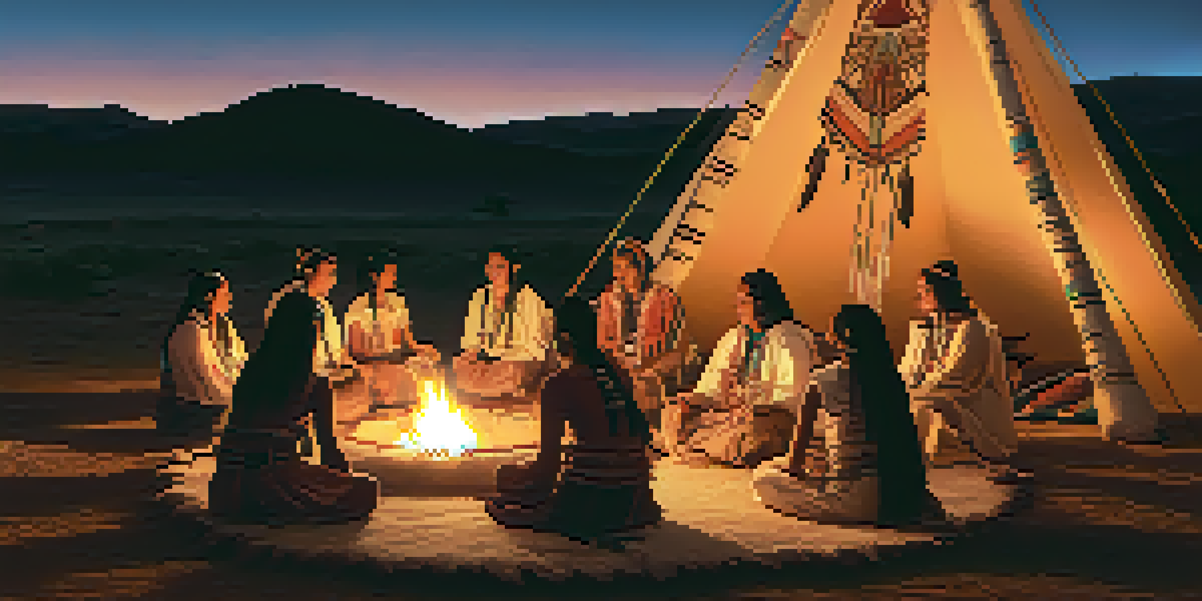 A group of individuals participating in a peyote ceremony inside a decorated teepee, illuminated by the firelight, with a warm and inviting atmosphere.