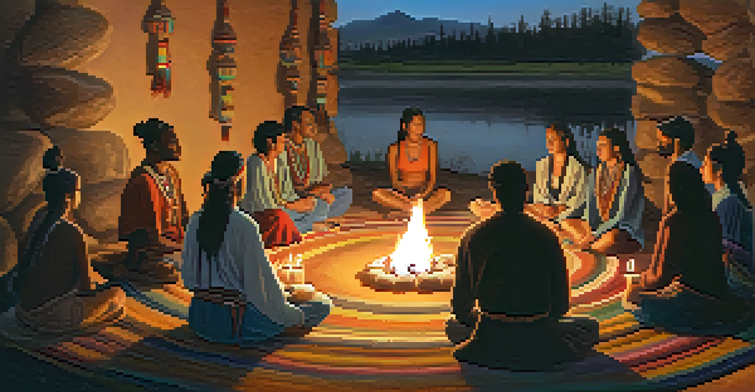 A group of people participating in a peyote ceremony around a small fire, engaged in reflection.