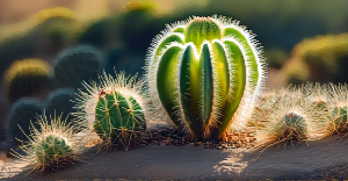 A close-up view of a Peyote cactus with round green buttons and spines, set against a blurred desert landscape illuminated by warm sunlight.