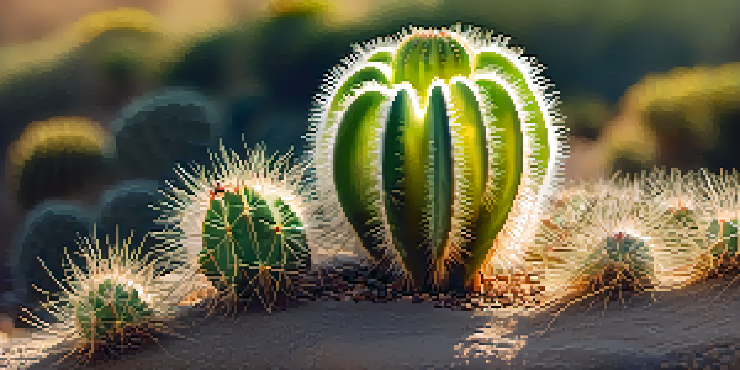 A close-up view of a Peyote cactus with round green buttons and spines, set against a blurred desert landscape illuminated by warm sunlight.