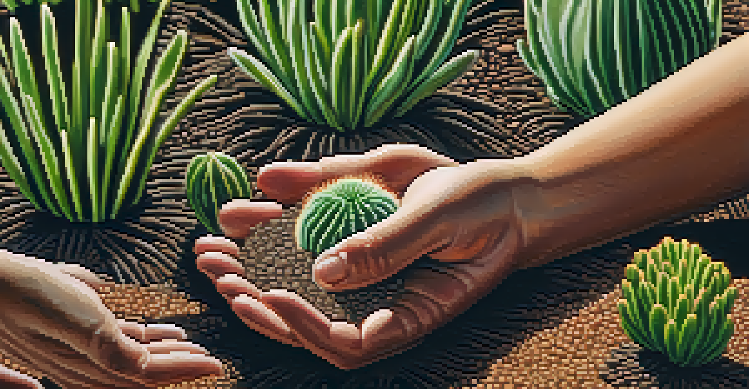A close-up of a hand holding a peyote cactus, showcasing its texture and vibrant color, with blurred people in the background.