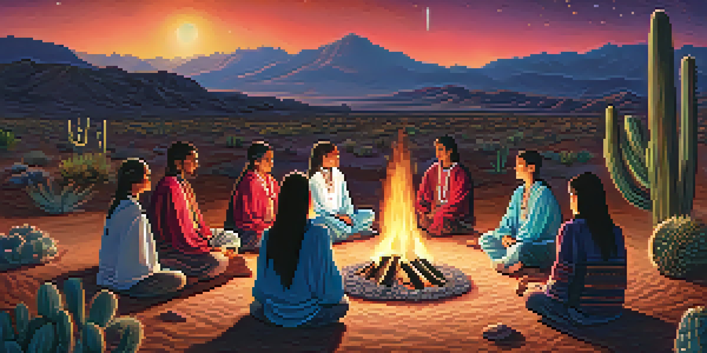 A group of people participating in a peyote ceremony at night, gathered in a circle around a fire with a starry sky above.
