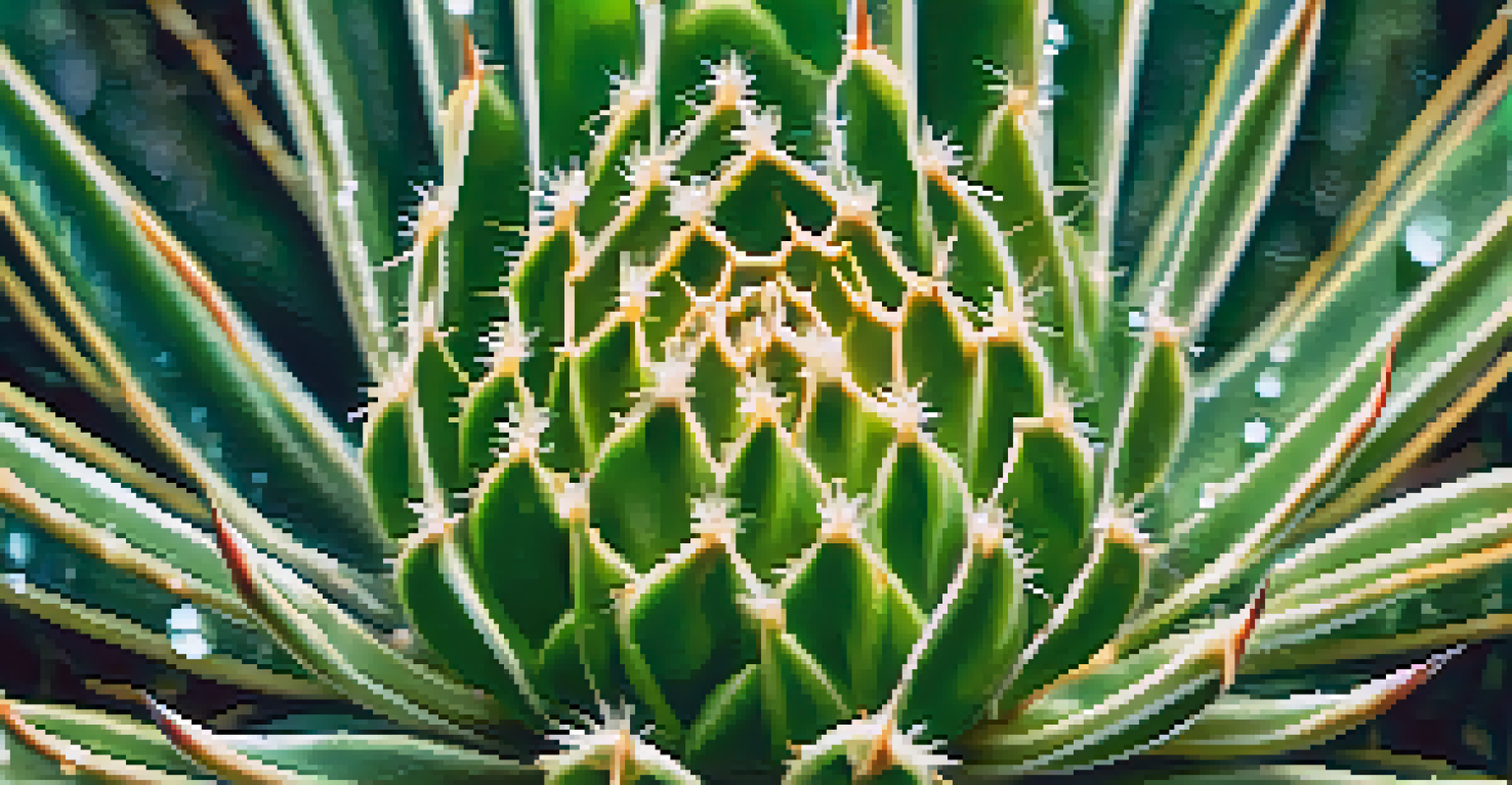 Close-up of a peyote cactus with vibrant green texture and sunlight filtering through desert plants.