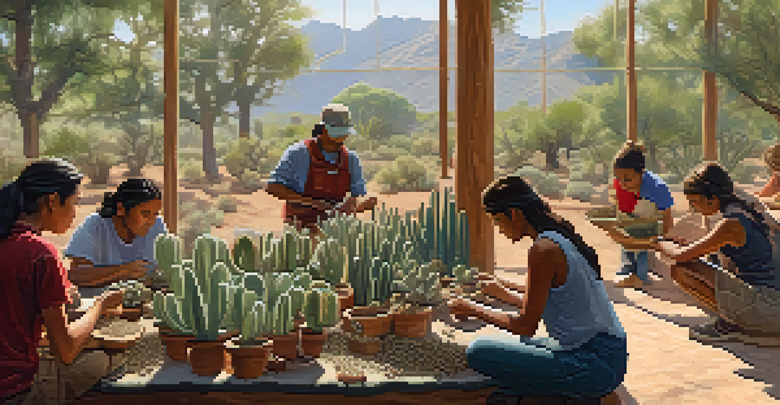 A group of people participating in a workshop focused on sustainable harvesting of peyote, surrounded by educational materials and a natural setting.