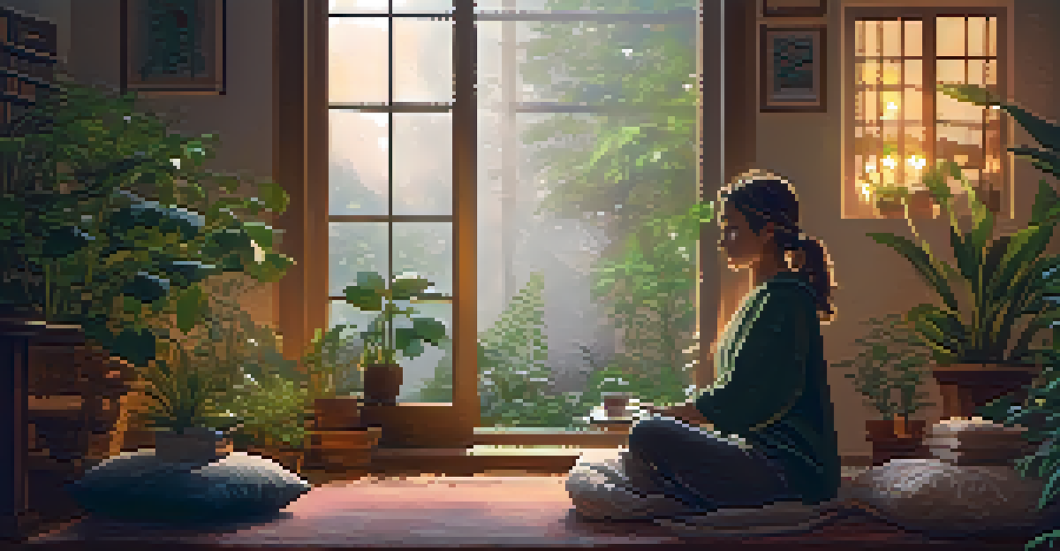 A cozy indoor space with a person meditating on a rug, surrounded by plants and warm lighting.