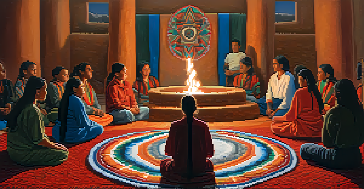 A group of people engaged in a peyote ceremony, surrounded by candlelight and traditional Indigenous decor.
