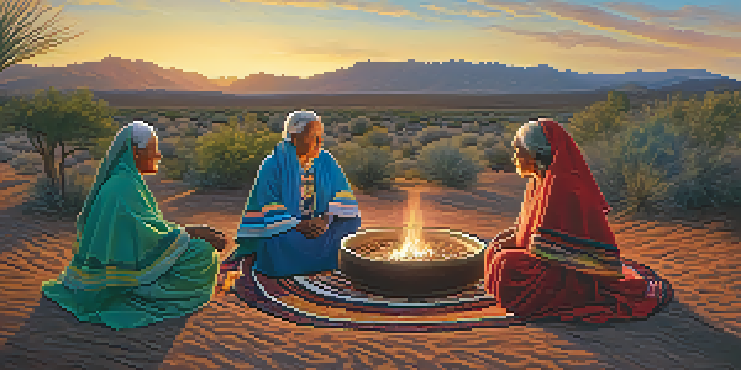 A peaceful peyote ceremony with female elders and young participants in a circle, illuminated by the warm glow of a fire in a lush landscape at dusk.