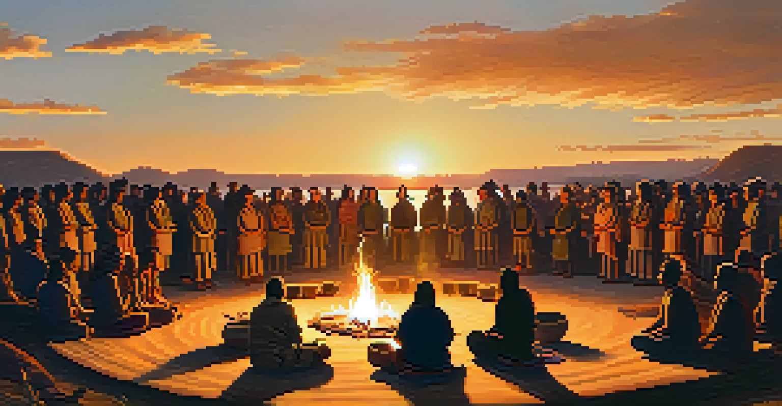 An Indigenous healing ceremony with participants sitting in a circle around a fire at sunset.