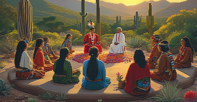 A peyote ceremony in a natural setting with participants in traditional clothing, surrounded by flowers and cacti, illuminated by warm sunset light.
