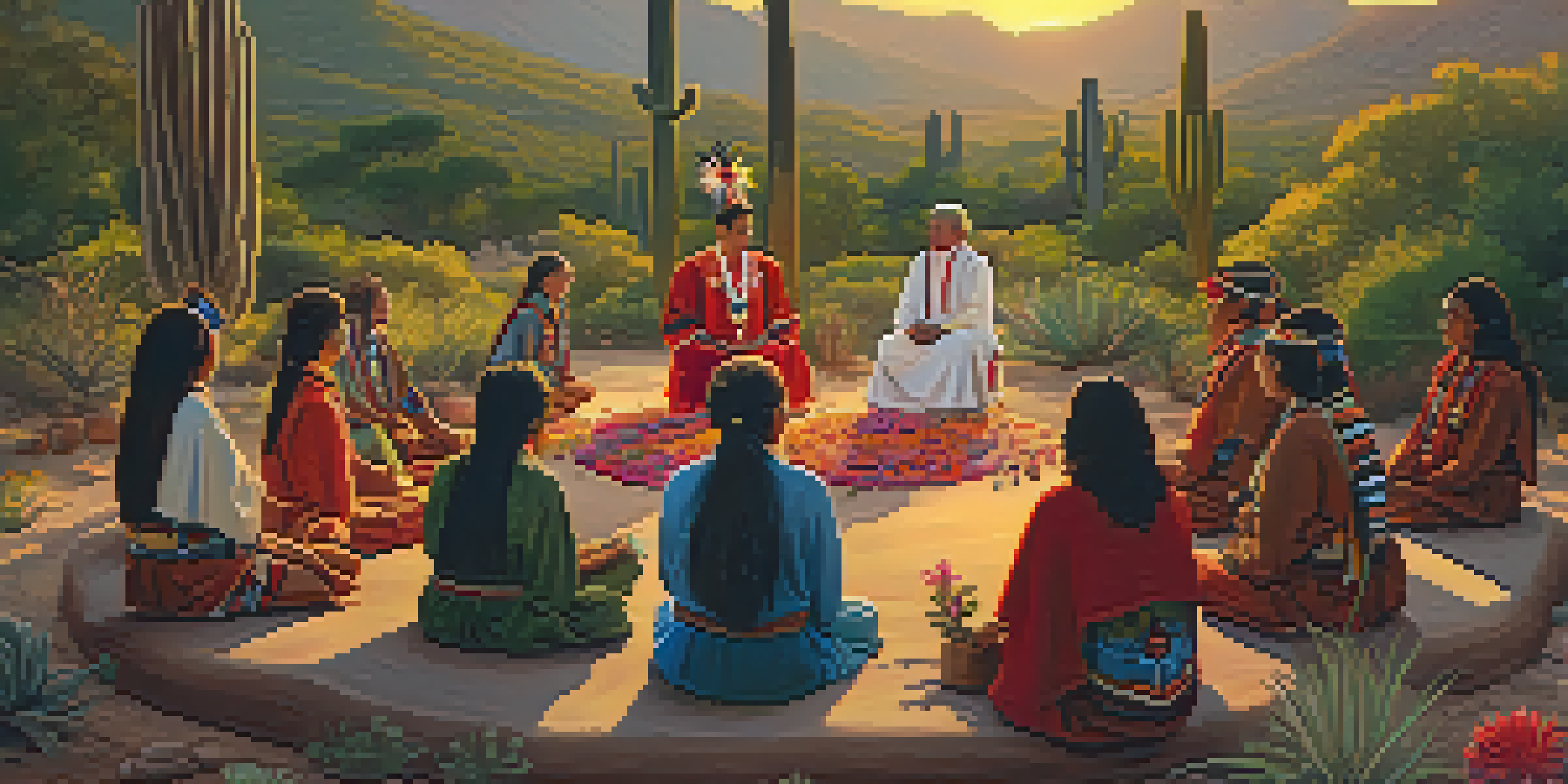 A peyote ceremony in a natural setting with participants in traditional clothing, surrounded by flowers and cacti, illuminated by warm sunset light.