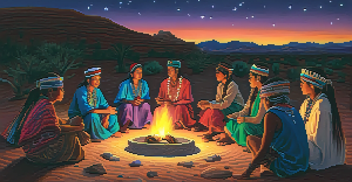 A group of participants in traditional clothing gathered around a fire during a peyote ceremony under a starry night sky.
