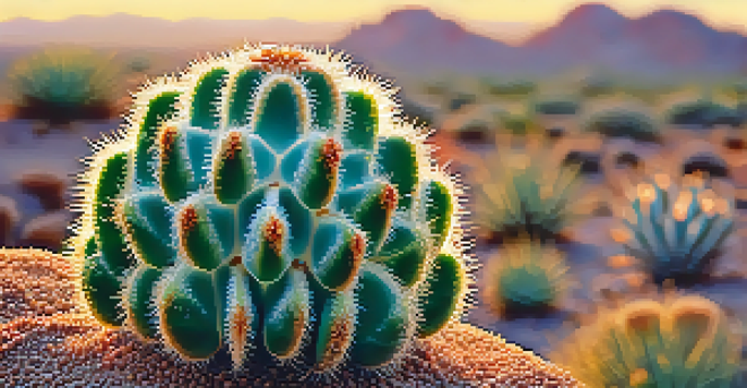 Close-up of a Peyote cactus displaying intricate textures and glistening dew droplets in natural sunlight.