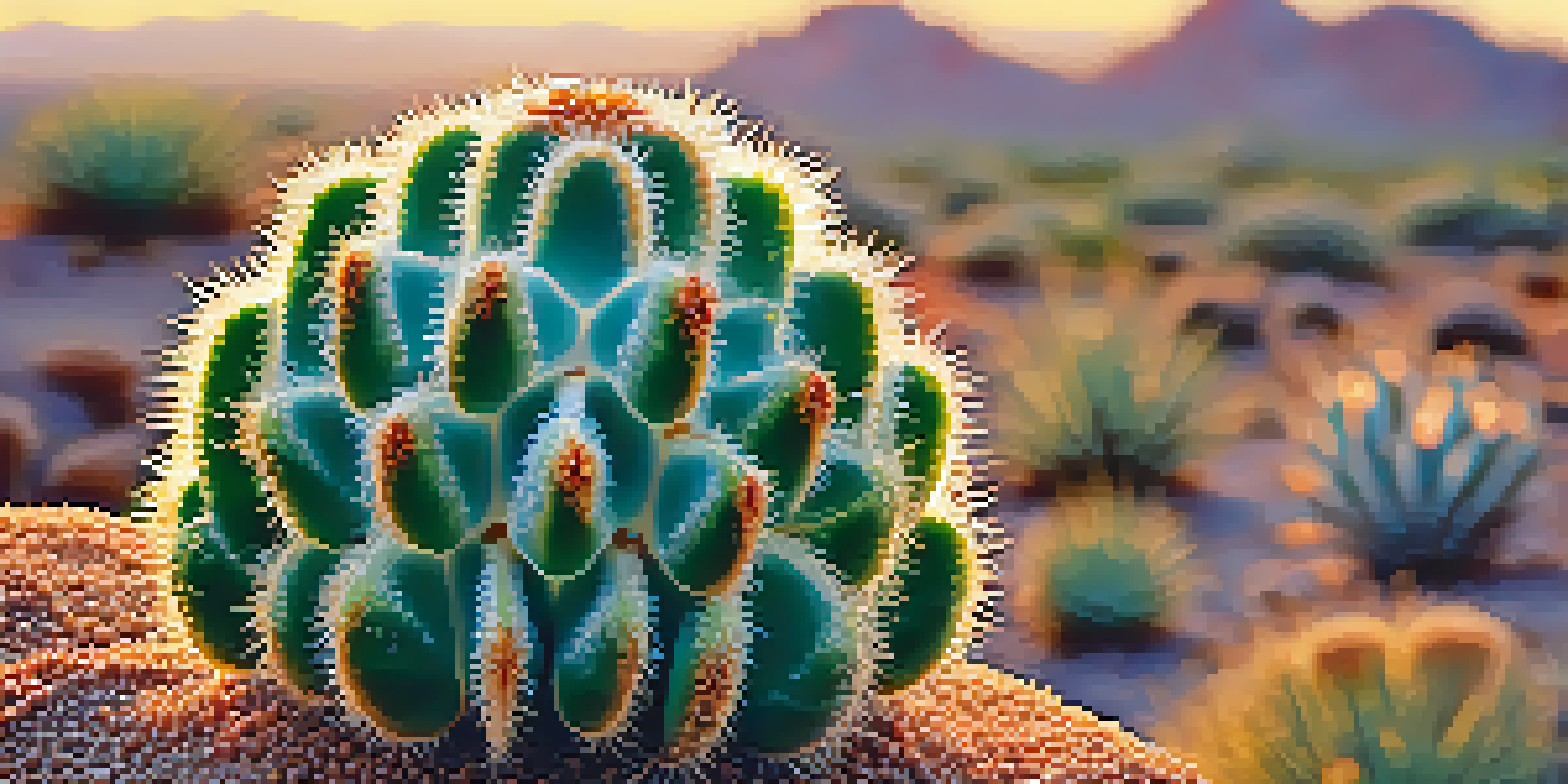 Close-up of a Peyote cactus displaying intricate textures and glistening dew droplets in natural sunlight.