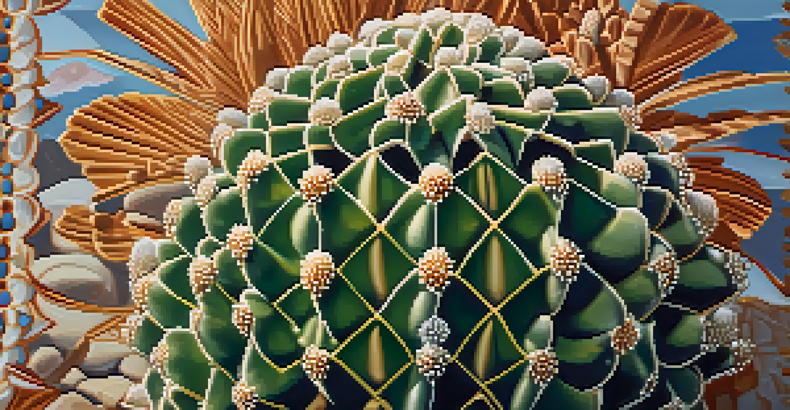 Close-up of a peyote cactus with white flowers, highlighting its textures and patterns, with blurred ceremonial items in the background.