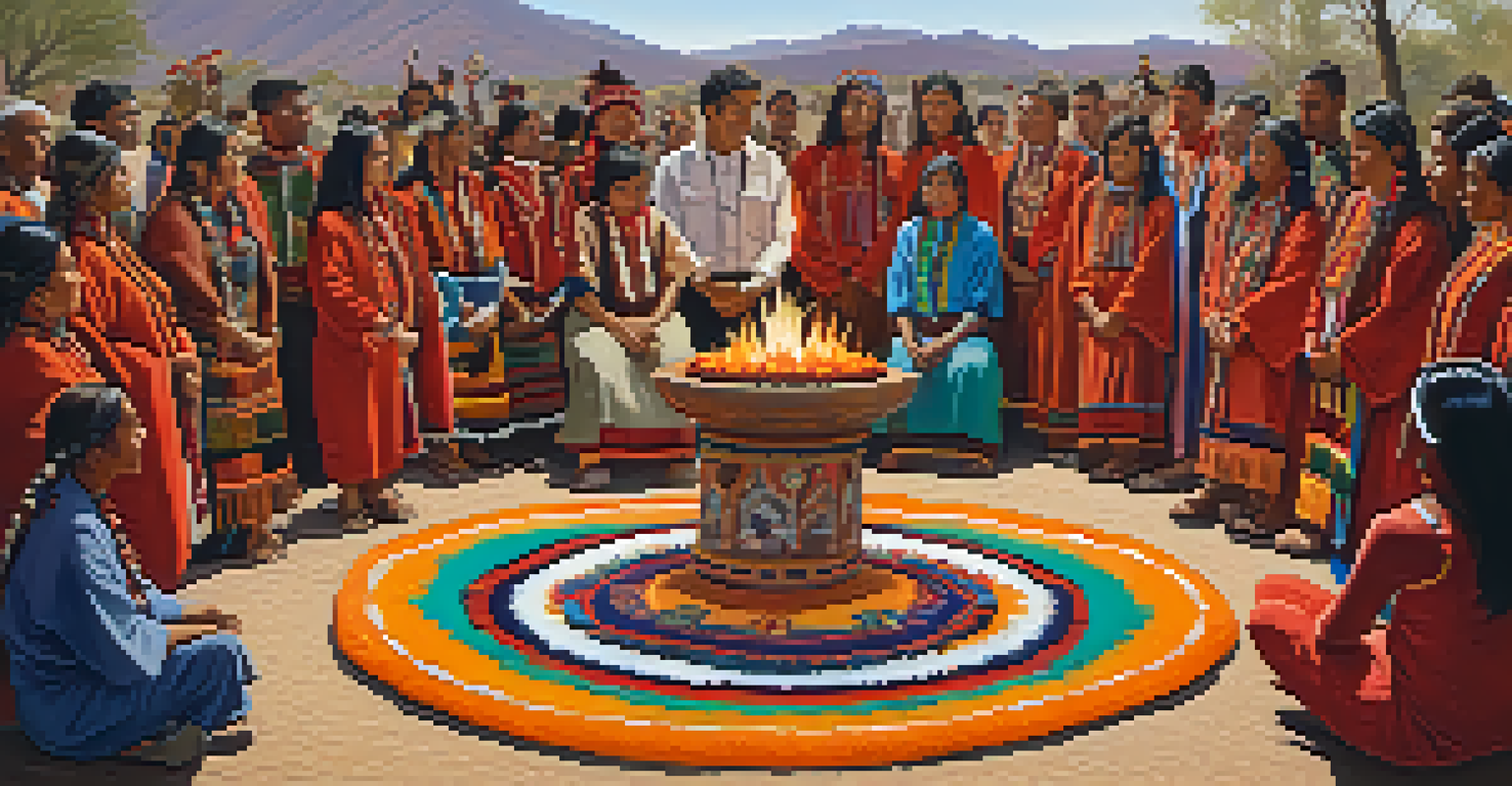 A gathering of individuals in traditional attire around a peyote altar during a ceremonial event, surrounded by cultural artifacts.