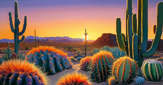 A close-up of Peyote cactus in a colorful desert landscape during sunset.