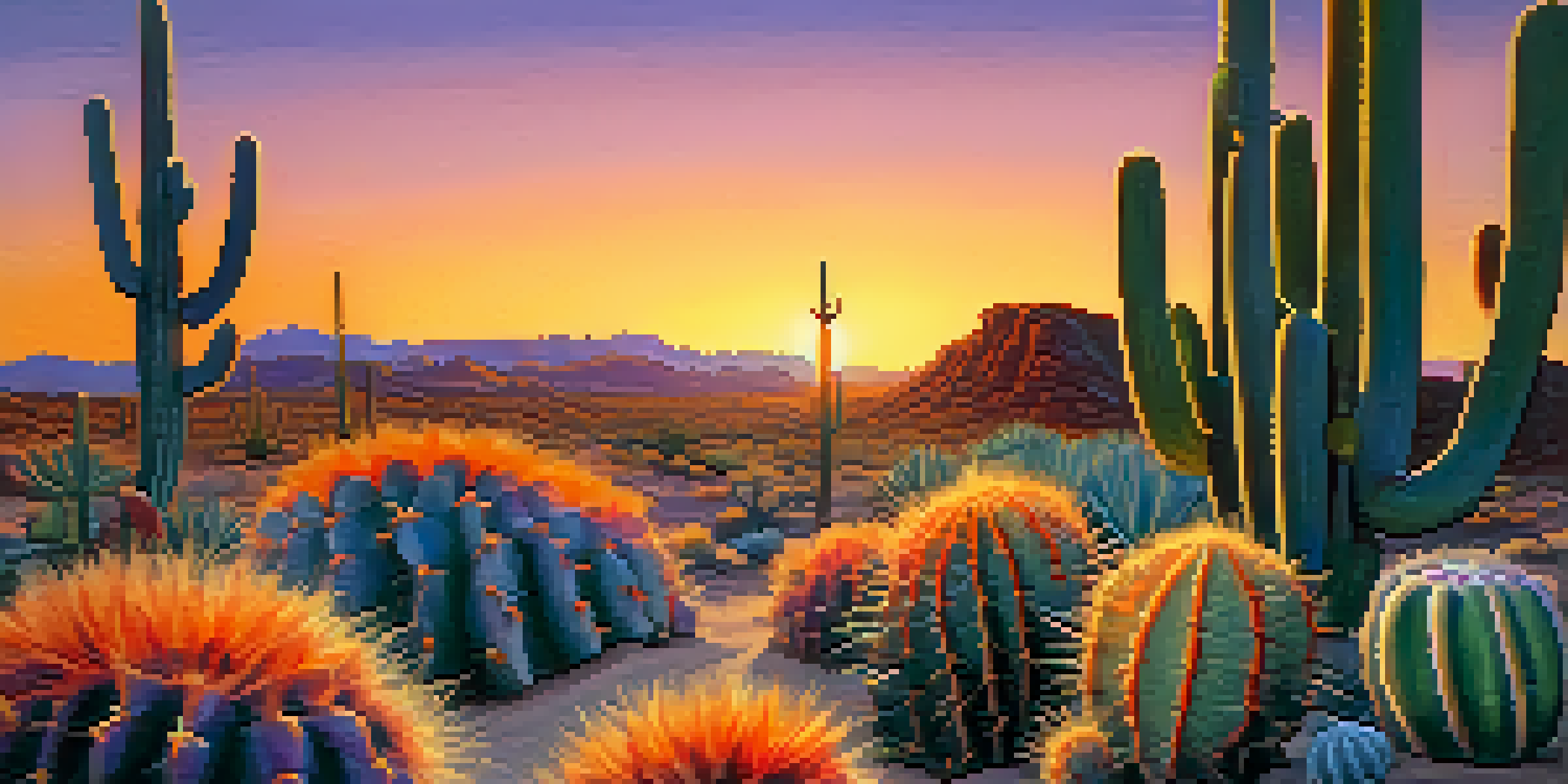 A close-up of Peyote cactus in a colorful desert landscape during sunset.