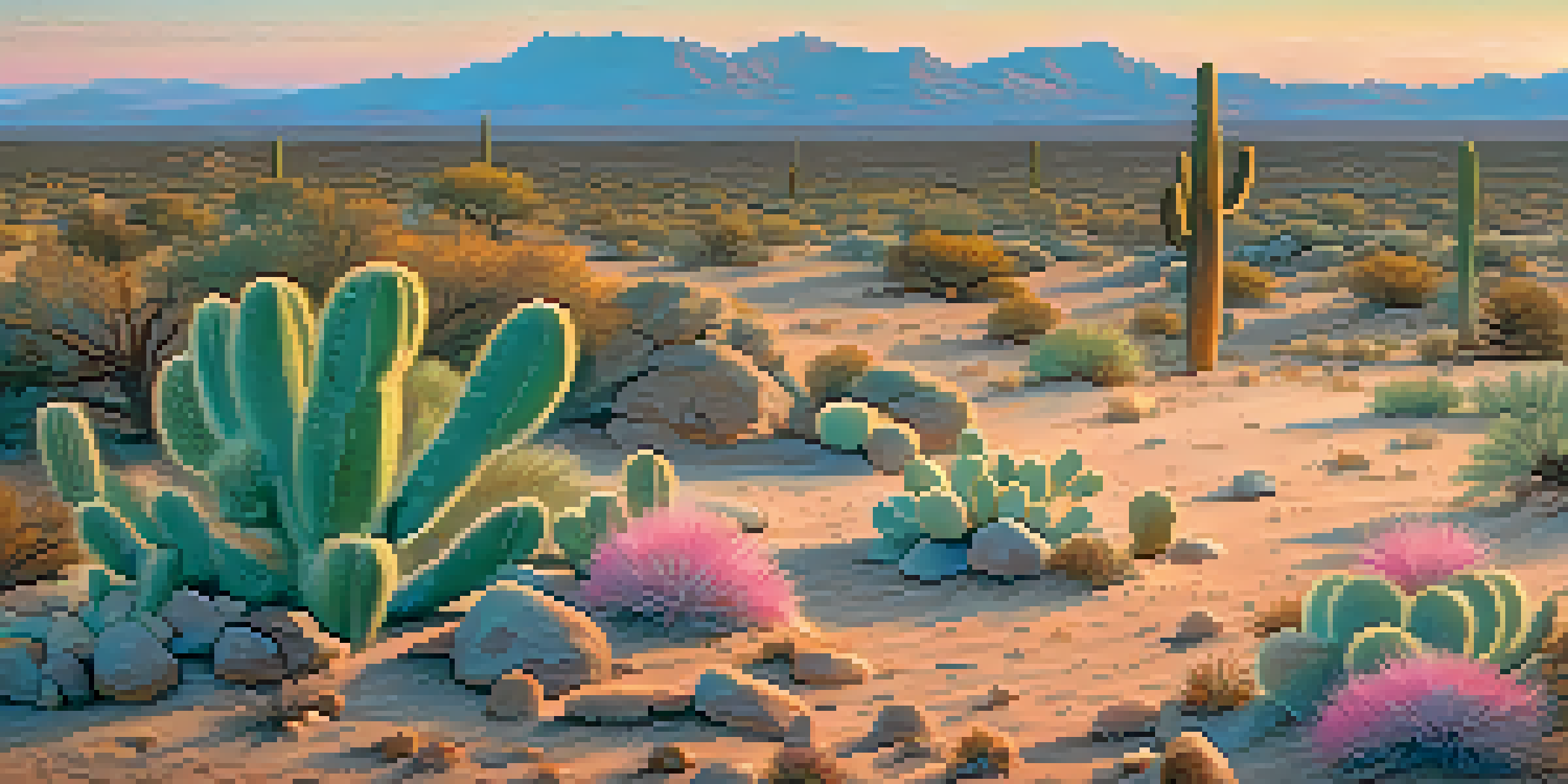 A peaceful desert scene at dawn with peyote cacti surrounded by sandy terrain and distant mountains under a colorful sky.