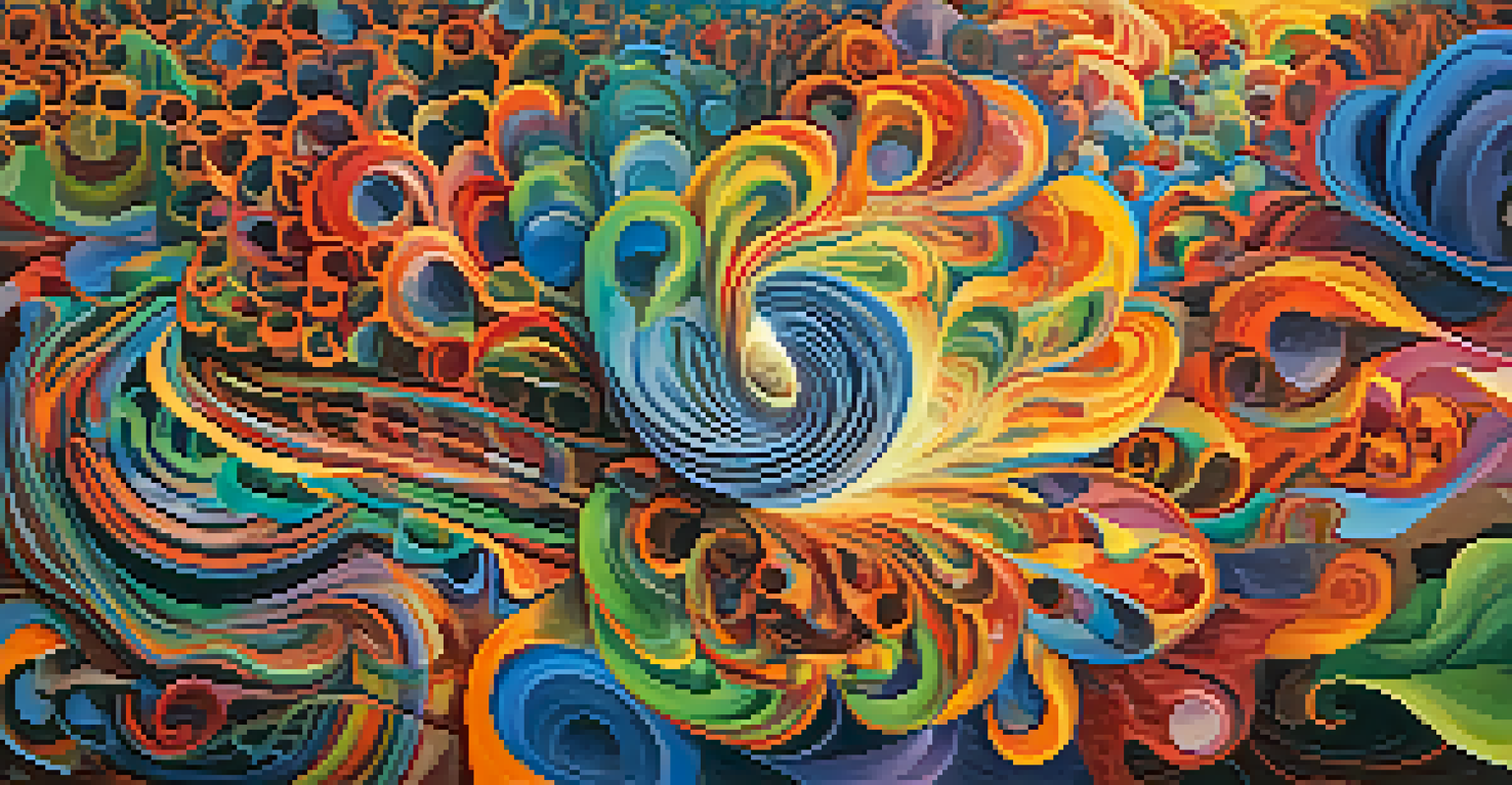 An abstract artwork depicting the peyote experience with swirling vibrant colors and flowing shapes, symbolizing emotional and visual journeys.