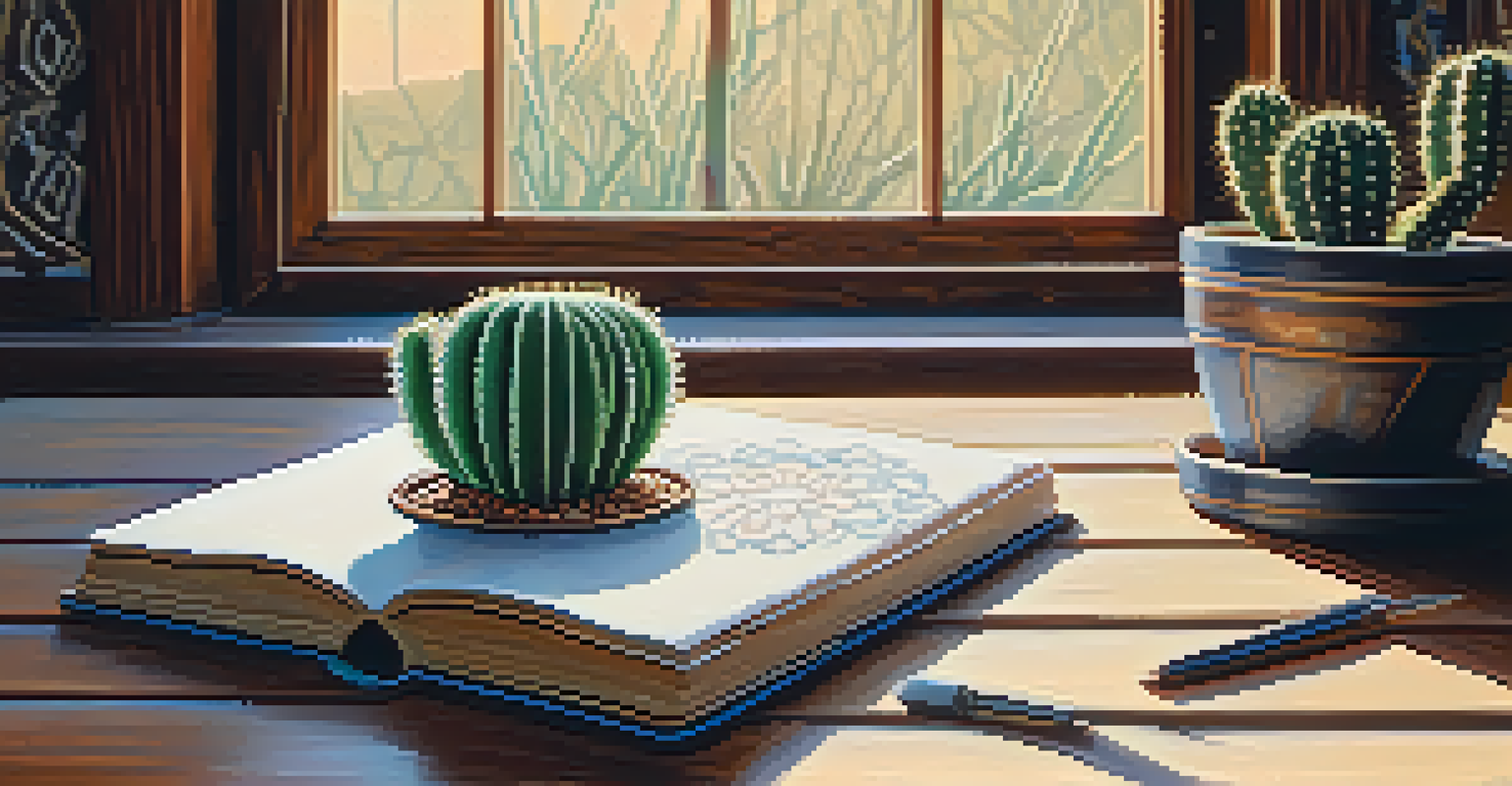 A close-up of a peyote cactus on a wooden table, with artistic tools and a sketchbook nearby, lit by soft morning light.