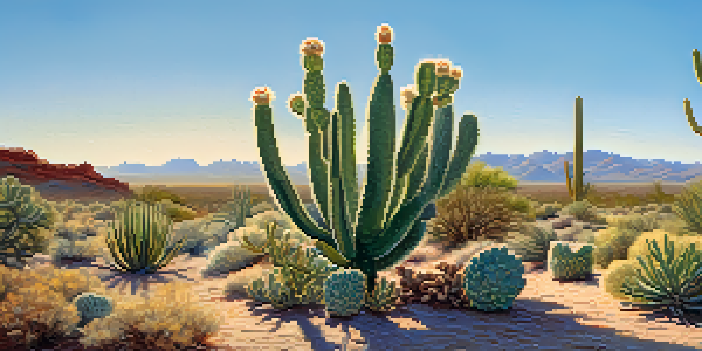 A small peyote cactus in a desert landscape with colorful flora and a bright blue sky.